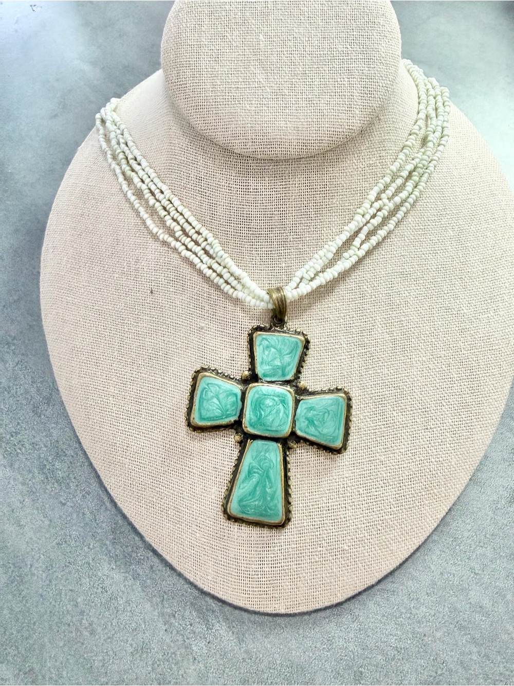 Vintage Large Cross Necklace Blueish Enamel Green Seed Beaded Brass Tone